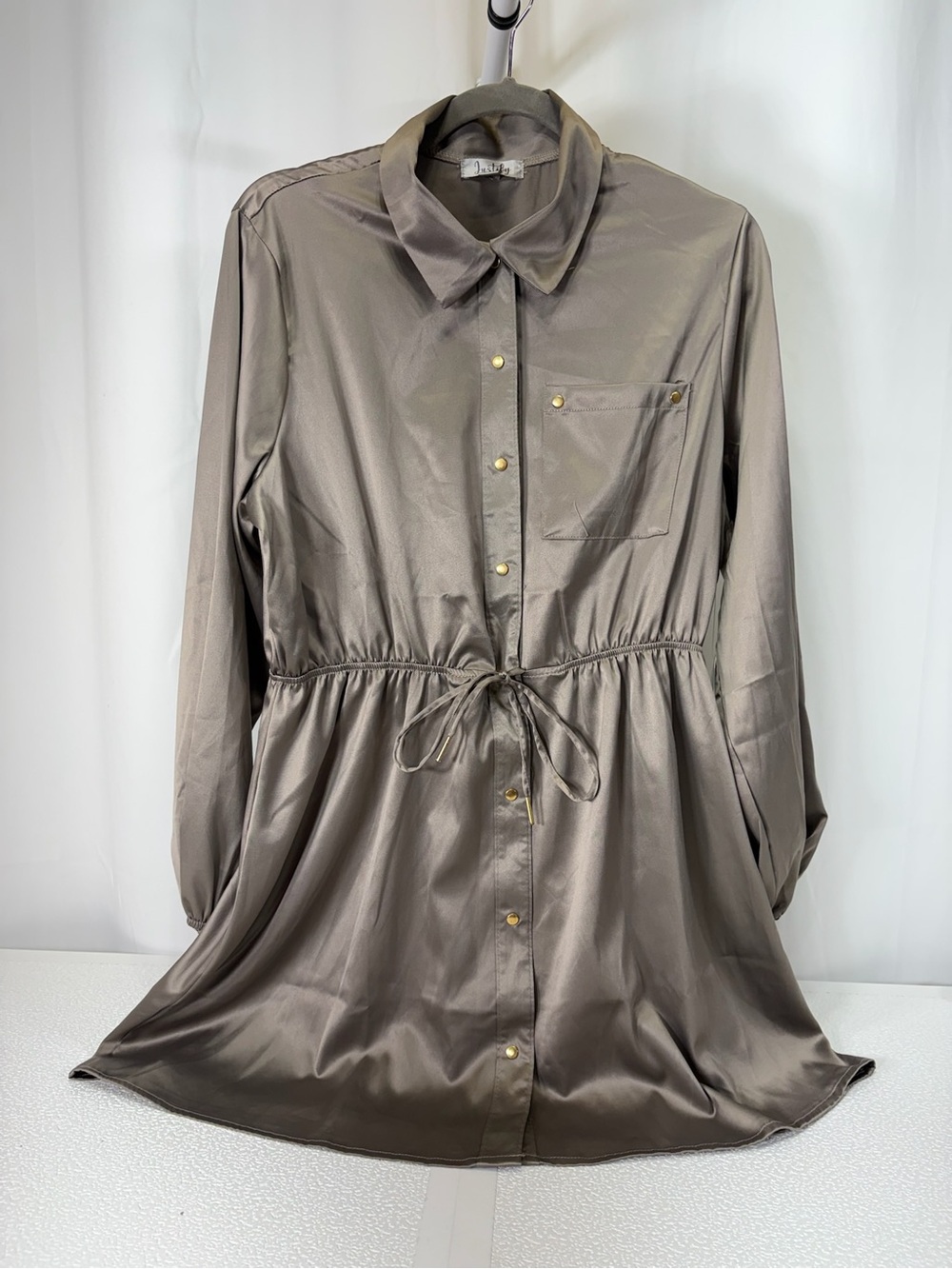Justify Satin Taupe Button-Front Drawstring Shirt Dress 4319